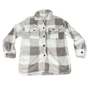 Women’s Plaid Sherpa Grey White with Buttons Sweater Jacket Lounge
